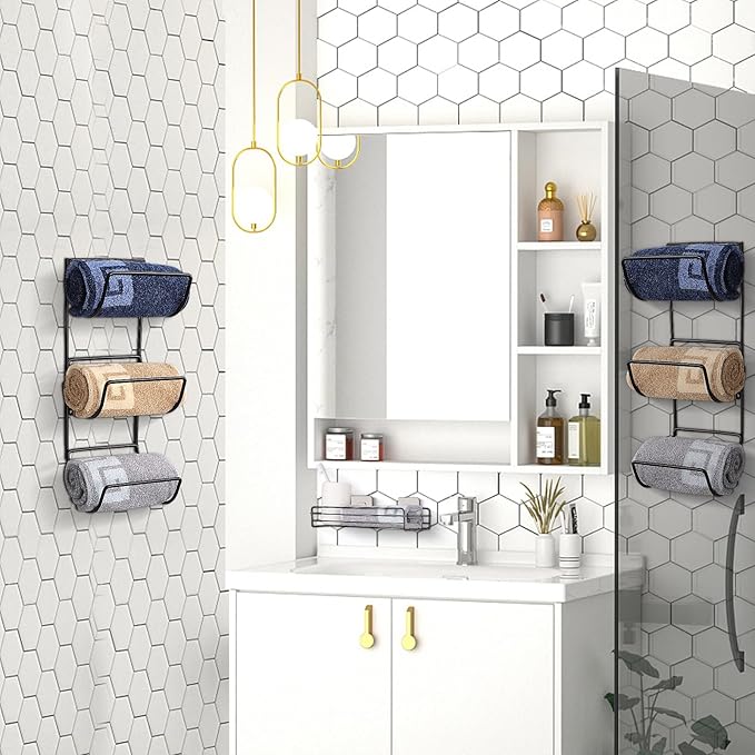 NearMoon Towel Rack Wall Mounted- All Metal Bathroom 2 Towel Rack Holders+ Hand Towel Storage Basket, Rustproof 3 Level Wine Rack Organizer for Hand Towels, Washcloths, 2+1 Pack (Matte Black)