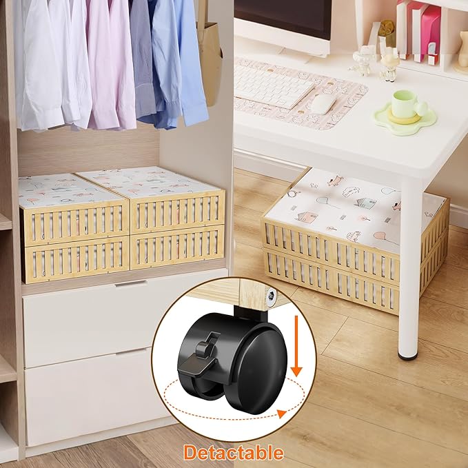 2Pack Bamboo Under Bed Storage Containers, UnderBed Storage with Wheels & 40L Large Capacity Dust Bag, Sturdy Rolling Under Bed Clothes Storage for Shoes Toy Book, Nature (24.02" × 16.54")-NeatNest