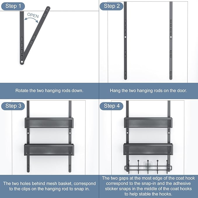 Adjustable Over The Door Hooks Organizer, Door Hanger Coat Rack with 2 Mesh Baskets and 10 Hooks, Back of Door Storage Organizer for Bedroom,Bathroom,Kitchen (Black)