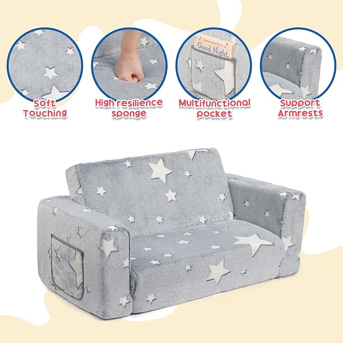 ALIMORDEN Fold Out Toddler Couch, Extra Wide Comfy 2-in-1 Cuddly Sherpa Sofa for Kids, with Removable Baby Friendly Blanket, Convertible Sofa to Bed, Star-NeatNest