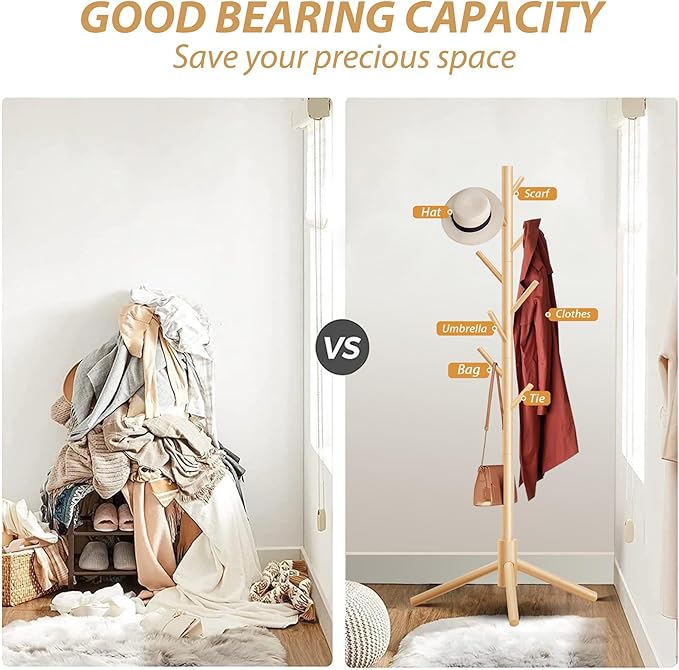 Durable Wooden Coat Rack, Freestanding Coat Rack with Stable Triangular Base, 8 Hooks & 3 Adjustable Heights, Simple Assembly for Bedroom, Hallway, Office(New Nature)-NeatNest