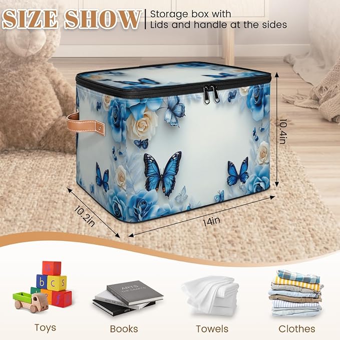 Butterfly Storage Bins with Zipper Lid, Blue Rose Lidded Storage Baskets Boxes Foldable Organizer with Leather Handles for Clothes Closet Shelf Toys-NeatNest