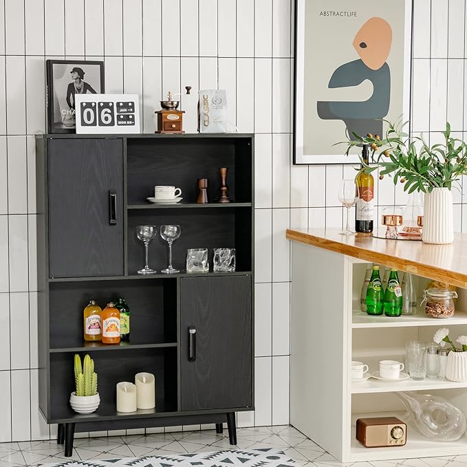 Giantex Storage Cabinet with Legs, Floor Cabinet with Doors, Shelves, Anti-Tipping Device, 4-Tier Bookshelf for Books & Photos, Tall Cupboard in Living Room, Kitchen Buffet Sideboard (Black)