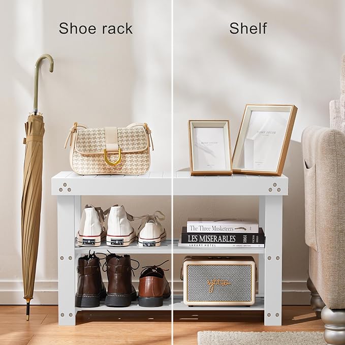 Pipishell Bamboo Shoe Rack Bench, 3-Tier Sturdy Shoe Organizer, Storage Shoe Bench, Holds up to 300lbs for Entryway Bedroom Living Room Balcony (White)-NeatNest