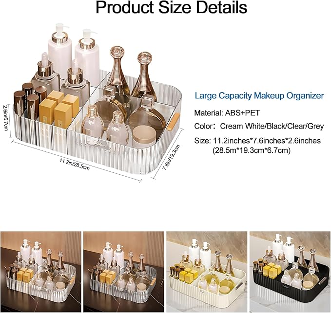DASITON Large Capacity Makeup Organizer,12 Slots Makeup Brush Holder,Makeup Storage with Handle,Vintage Striped Cosmetic Organizer for Bathroom Countertops,Desk Storage Container(Clear)-NeatNest