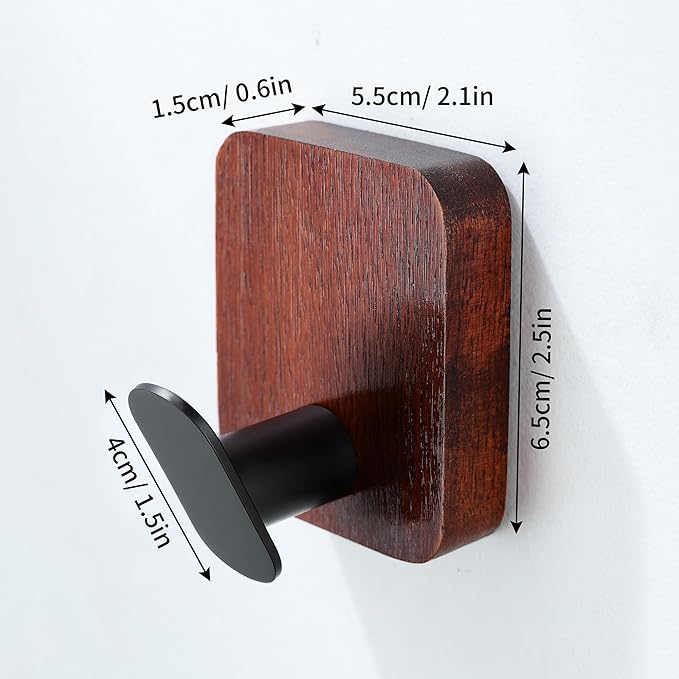 DELITON Acacia Wooden Towel Hooks Red Brown, 4 Pack Sticky Hooks for Hanging Towels, Coat, Hat, Robe, Heavy Duty, No Damage-NeatNest