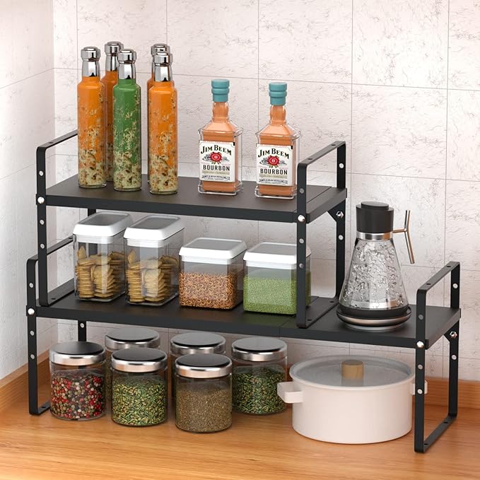 Expandable Kitchen Cabinet Shelf Organizers, Stackable Metal Pantry Storage Shelves Rack, Adjustable Counter Spice Shelf for Cabinets, Countertop, Cupboard Organizers and Storage, Black-NeatNest