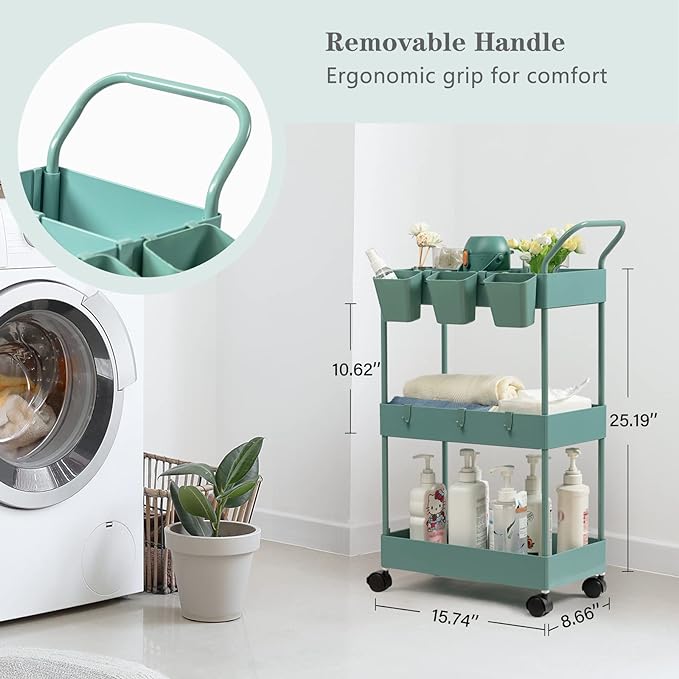 danpinera Storage Cart on Wheels, 3 Tier Bathroom Cart Organizer Slim Laundry Narrow Shelf with Wheels Dividers Hanging Cups Hooks Handle Easy Assembly, Green