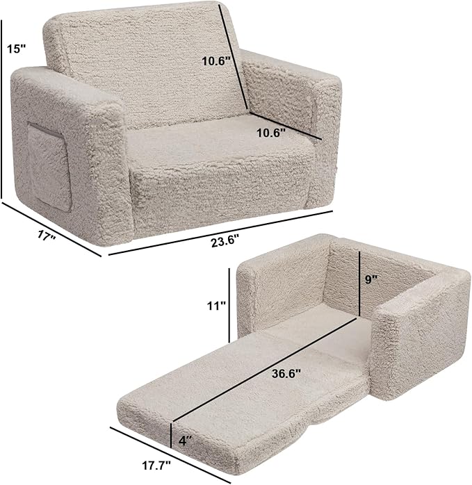ALIMORDEN Kids Couch, 2-in-1 Fold Out Toddler Chair & Snuggly Foam Lounger Seat, Removable Washable Cover - Soft Reading Couch, Ideal Gift for for Boys and Girls, Light Grey-NeatNest