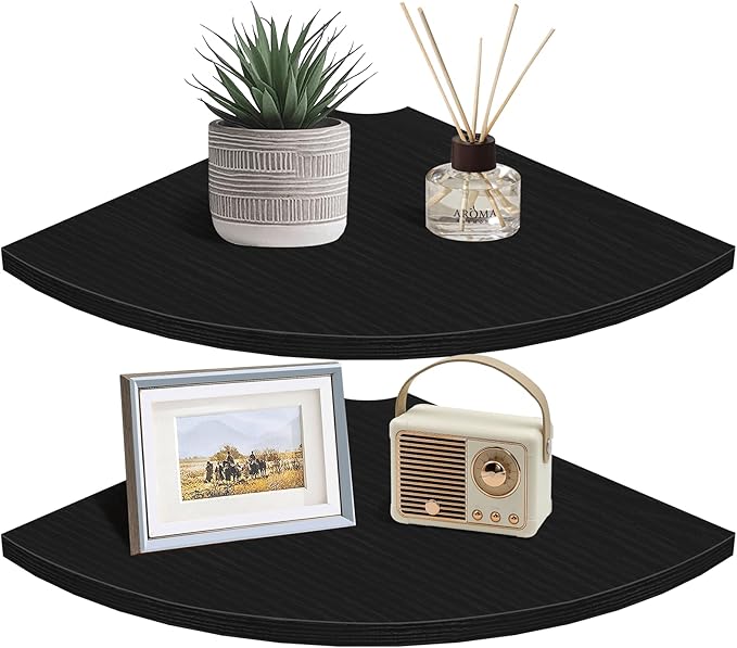 Homode Corner Floating Shelves, 12" Deep Corner Shelves Wall Mounted with Cord Hole, 2 Tier Curved Corner Hanging Shelving for Wall Storage, for Cable Box, TV Cords, Books, Plants, Black
