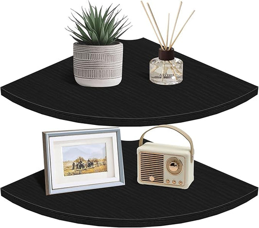 Homode Corner Floating Shelves, 12" Deep Corner Shelves Wall Mounted with Cord Hole, 2 Tier Curved Corner Hanging Shelving for Wall Storage, for Cable Box, TV Cords, Books, Plants, Black