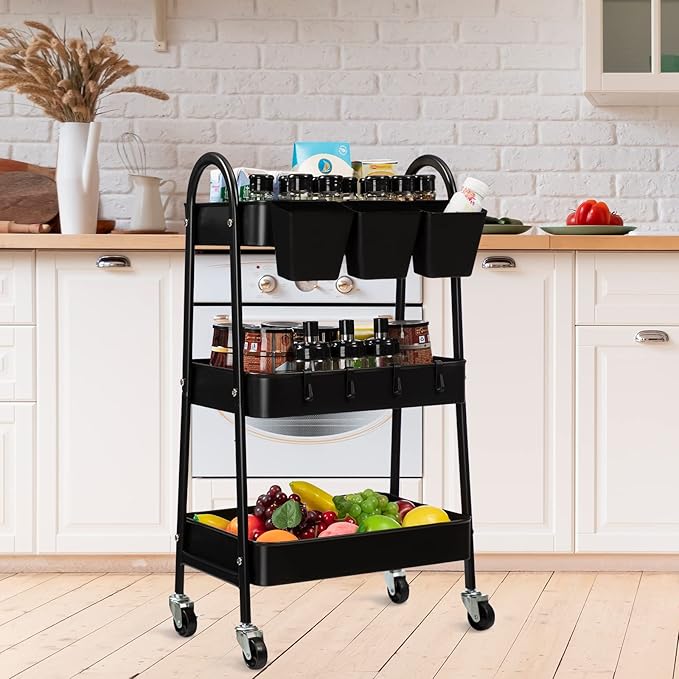danpinera 3-Tier Rolling Cart, Metal Rolling Storage Cart with Lockable Wheels & Hanging Cups & Hooks, Mobile Trolley Cart for Kitchen, Bathroom, Office, Workshop, Black-NeatNest