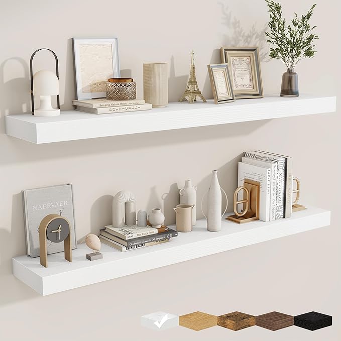 fuqing Floating Shelves for Wall, Bathroom Shelf Wall Mounted for Storage, Shelves with Invisible Bracket for Bedroom, Kitchen, Living Room, Farmhouse Small Book Shelf, 48 Inch Set of 2, White-NeatNest