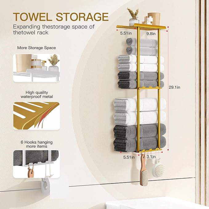 Towel Racks for Bathroom, 3 Tier Metal Towel Holder, with Shelf & 6 Hooks, 29 inch Wall Mounted Towel Storage, 6 Large Bath Towels Capacity,Small Bathroom Towel Rack for Rolled Towels, Gold