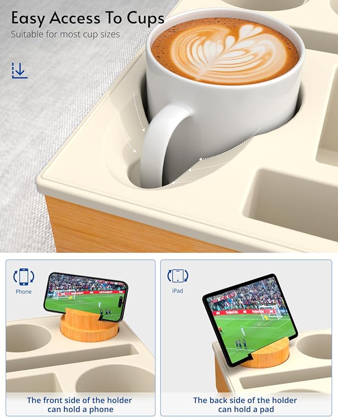 Couch Cup Holder Tray - Couch Organizer Caddy, Silicone Beach Caddy with Cup Holder, Sofa and Bed Drink Holder and Couch Tray Table for Snacks Beverage Remote (Beige)-NeatNest