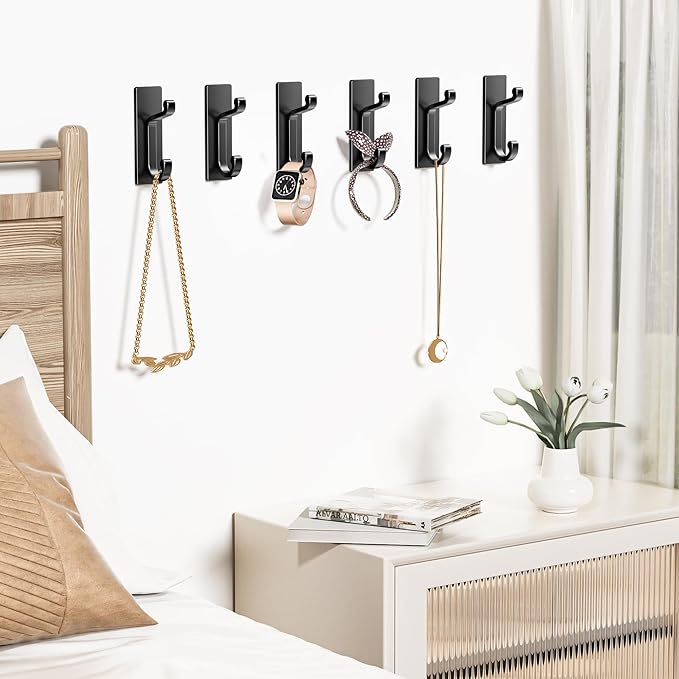 6 Pack Self Adhesive Wall Black Hooks - Sticky Hooks Wall Mount for Clothes, Towel, Robes, Keys, Purse, Backpack, Heavy Duty Hooks for Door Kitchen Bathroom Shower Rental Houses, Hold 10Lbs.