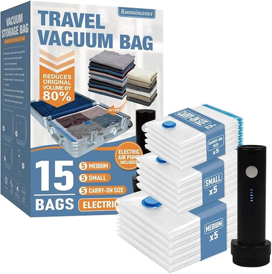 Travel Vacuum Storage Bags with Electric Pump, 15 Combo Travel Packing Bags for Luggage and Suitcase, Carry-on Size Compression Space Saver for Clothes and Clothing-NeatNest
