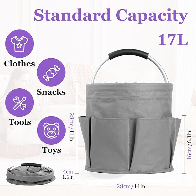 17L Collapsible Cleaning Caddy with Handle, Foldable Cleaning Supply Caddy, Bucket Tool Organizer in 600D Oxford Fabric, Multifunctional Storage Basket for Cleaning, Traveling, Dark Gray-NeatNest
