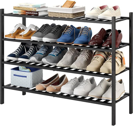 Long Shoe Rack, 4-Tier Bamboo Stackable Shoe Shelf Storage Organizer, Shoe Stand for Closet, Entryway and Hallway(Black)-NeatNest