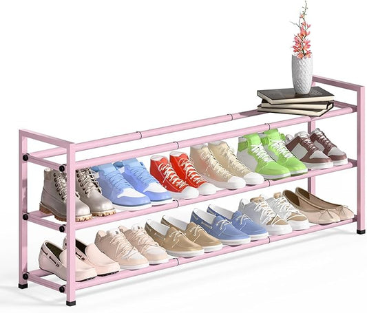 Bumusty 3-Tier Long Expandable Shoe Rack for Closet, 18"-44" Adjustable Shoe Rack for Entryway, 15-18 Pairs Large Shoe Organizer Shelf Storage, Sturdy Metal, Pink-NeatNest
