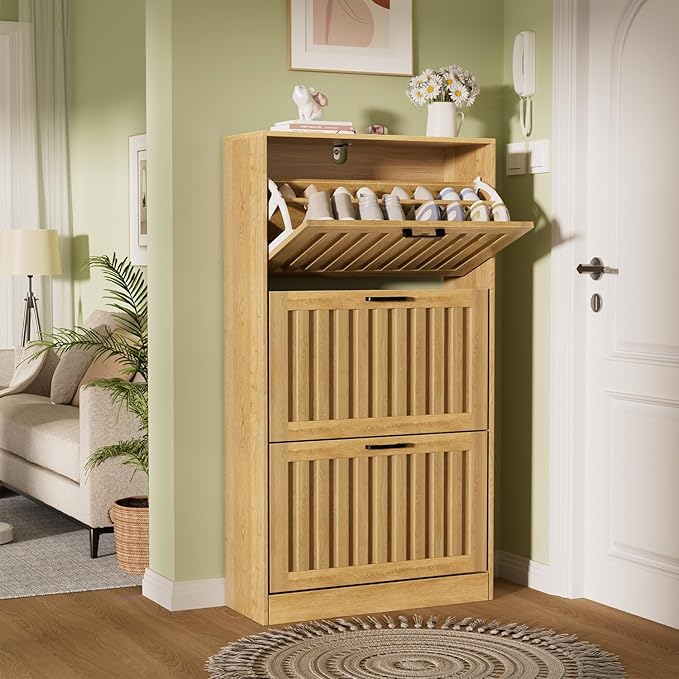Shoe Storage Cabinet for Entryway with 3 Flip Drawers, Wooden Shoe Organizer with Adjustable Shelf, Freestanding Wood Fluted Panel Shoes Cabinet Closed Shoe Rack for Hallway, Foyer, Nature Oak-NeatNest
