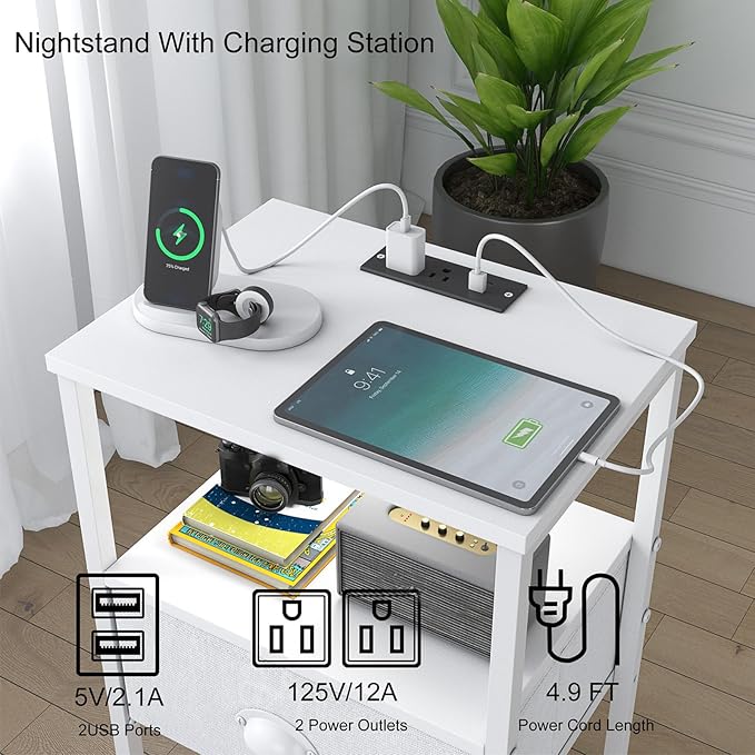 Sthmec Nightstands with Charging Station, LED Bedside Tables with Charging Station and Fabric Drawer, Night Stand with Storage, 3 Tier Side Table with Open Shelf, LED Nightstand Bedside Table,White