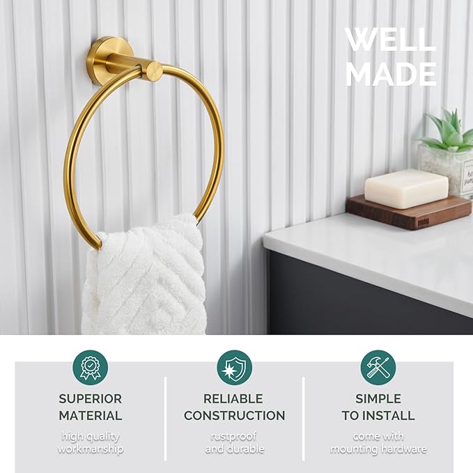 Bathroom Towel Ring Brushed Gold, Angle Simple SUS304 Stainless Steel Modern Towel Holder, Swivel Hand Towel Rack Wall Mounted