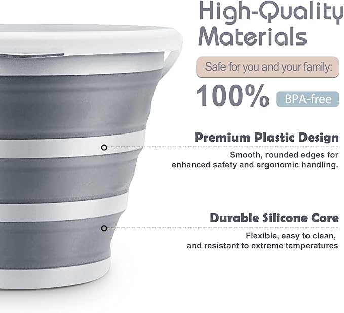 2-Pack Collapsible Bucket 2.6 Gal/10L, BPA-Free - Space-Saving, Portable Foldable Water Pail for Versatile Use, Home, Outdoors, Car Wash, Camping, Fishing - Dual Colors Grey & Blue