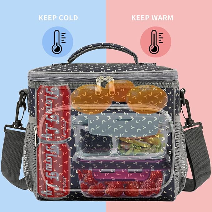 FlowFly Insulated Reusable Lunch Bag Adult Large Lunch Box for Women and Men with Adjustable Shoulder Strap,Front Zipper Pocket and Dual Large Mesh Side Pockets,Alphabet-NeatNest