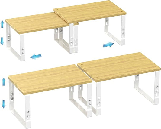 Expandable Kitchen Cabinet Organizer Shelves – Stackable Adjustable Metal and Wood Storage Racks for Countertop, Pantry, Garage Set of 2 Spice Rack – Easy Assembly, Space-Saving(2 Packs/Medium/White)-NeatNest