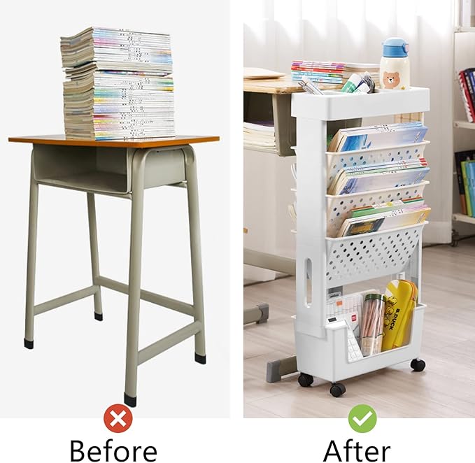 CINPIUK White Rolling Office Paper Organizer, Mobile Book Cart Document Folder File Storage with Pen Holder, Slim Rolling Storage Cart Movable Bookshelf for Office, Dorm, Classroom, Nursery-NeatNest