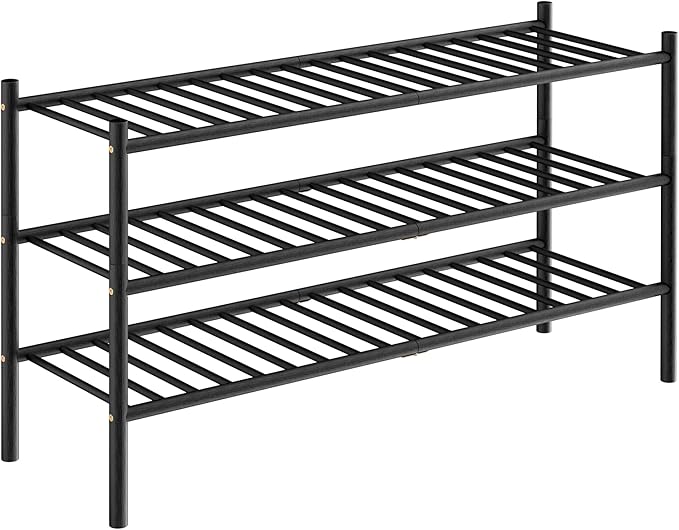 3-Tier Bamboo Long Shoe Rack, Free Standing Wood Shoe Shelf Storage Organizer for Closet Entryway Stackable 35"x11"x20" (Black)-NeatNest