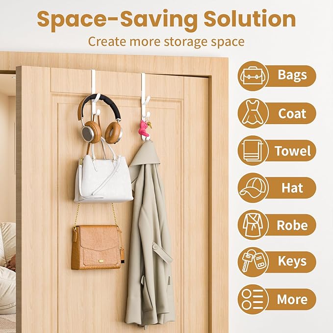 Over the Door Hooks hanger,over the door towel hook Organizer hanging for coat clothes backpack hat purse Metal Towel Rack Back of Shower for Bathroom,Dorm,Bedroom,Kitchen,Office Closet (White-2Packs)