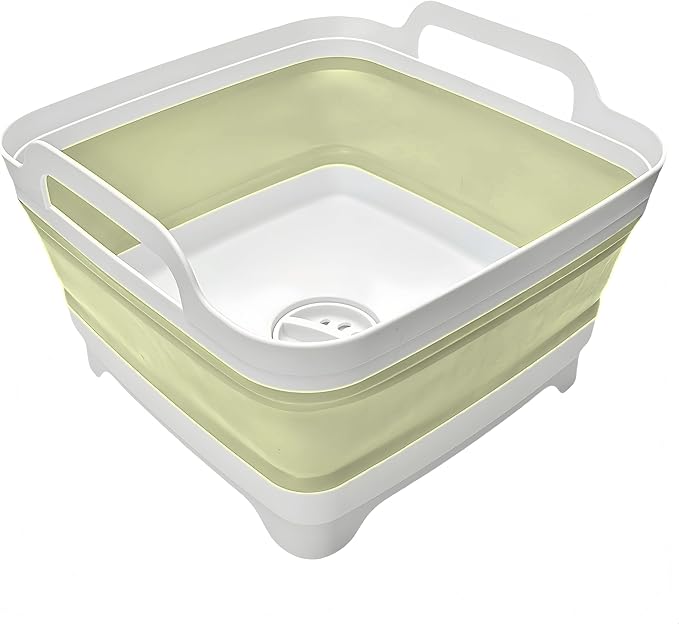Collapsible Wash Basin 9L, Foldable Dish Tub with Drain Plug, Portable Collapsible Dish Basin, Camping Sink for Washing Dishes, Laundry & Kitchen Use (Green)-NeatNest