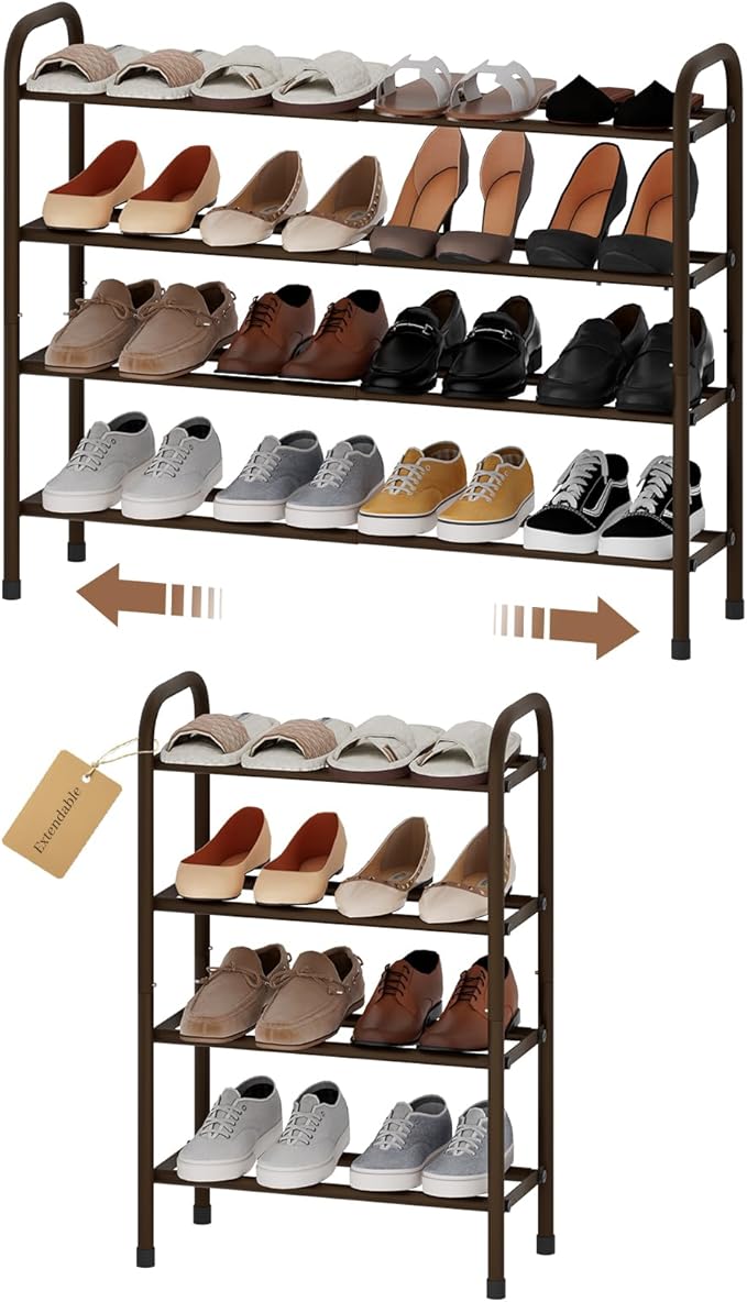 Expandable Shoe Rack, Adjustable Shoes Organizer Metal, Space-Saving Storage Shelf for Closet, Entryway, Front Door & Hallway,Sturdy and Easy Assembly (Brown, 4-Tier)
