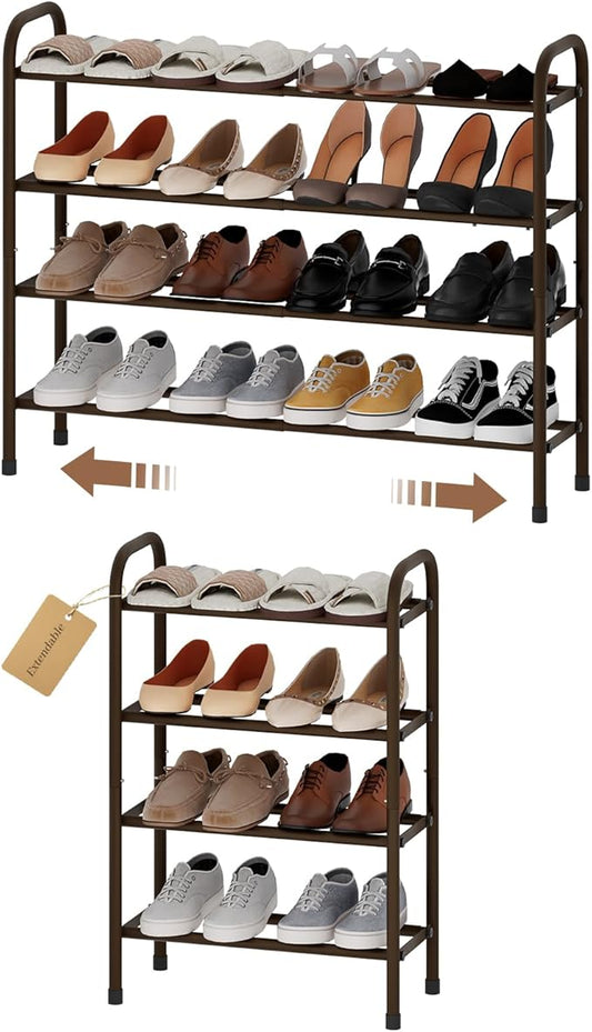 Expandable Shoe Rack, Adjustable Shoes Organizer Metal, Space-Saving Storage Shelf for Closet, Entryway, Front Door & Hallway,Sturdy and Easy Assembly (Brown, 4-Tier)