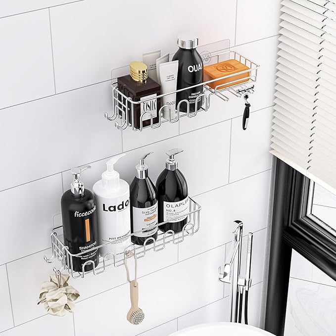 Adhesive Shower Caddy: 2 Bonus Hooks, 4-Pack Wall Mounted Bathroom Storage Shelf, Rustproof Metal Basket Organizer for Kitchen & Bathroom No Drill Silver