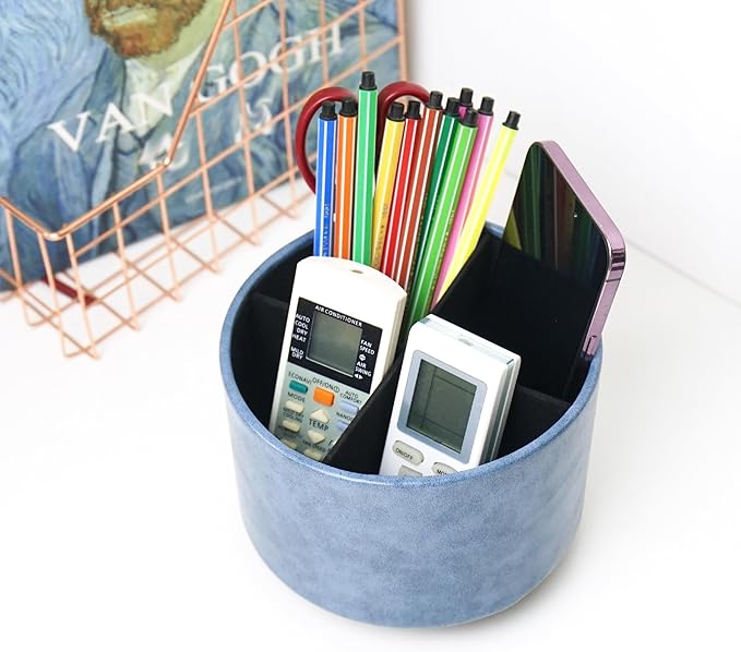 Hennaja Round Leather Art Supply Organizer,Remote Control Holder,360 Degree Spinning,Multi-Functional Pencil Holder,4 Compartments Desktop Stationary Organizer(1-Oil Blue)-NeatNest