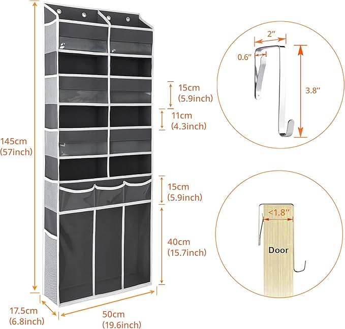 Extra Large Over The Door Organizer with Clear Pockets - 8 Compartments & XL Bottom Storage, Heavy-Duty Hanging Organizer for Bathroom, Bedroom, Closet (57 Inch Height). (Dark Grey)