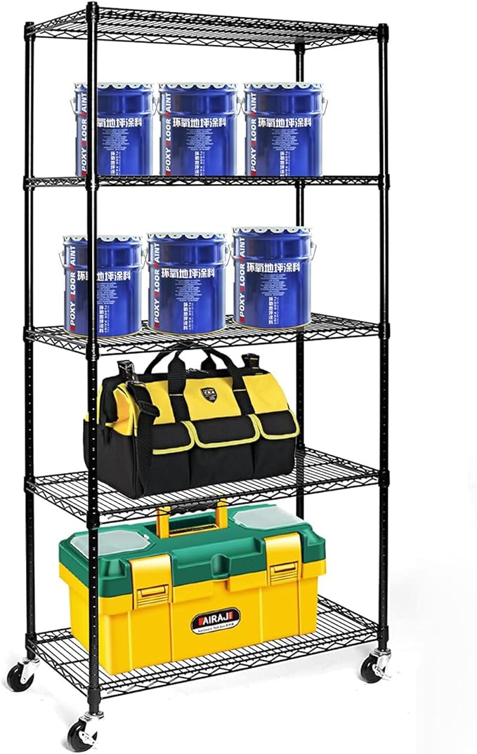 5 Tier Adjustable Storage Shelf Metal Storage Rack Wire Shelving Unit Storage Shelves with Wheels for Pantry Closet Kitchen Laundry Bathroom (Black-5-Tier)
