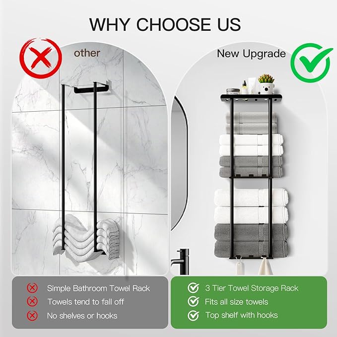 Towel Racks for Bathroom, 3 Tier Metal Towel Holder, with Shelf & 6 Hooks, 29 inch Wall Mounted Towel Storage, 6 Large Bath Towels Capacity,Small Bathroom Towel Rack for Rolled Towels, Black
