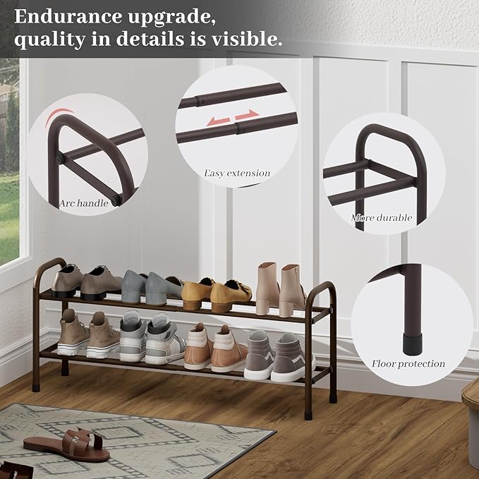 Expandable Shoe Rack, Adjustable Shoes Organizer Metal, Space-Saving Storage Shelf for Closet, Entryway, Front Door & Hallway,Sturdy and Easy Assembly (Brown, 2-Tier)