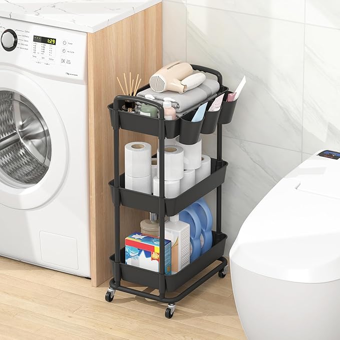 JIUYOTREE 3-Tier Plastic Rolling Storage Cart Utility Cart with Extra Hanging Cups Handles Lockable Wheels for Living Room Bathroom Kitchen Office Black-NeatNest