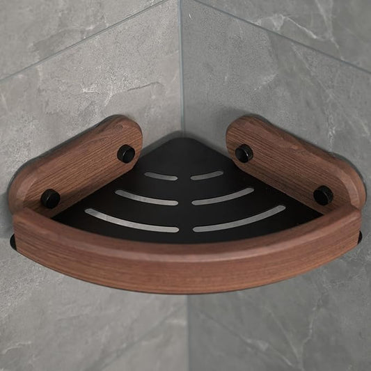 Stylish Suction Cup Aluminum Corner Shower Caddy Adjusatble Bathroom Walnut Wood Grain Triangle Storage Rack No Drilling Waterproof Shower Shelf (1)