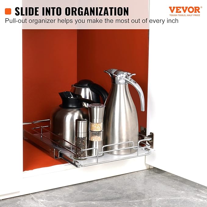 VEVOR 12.5"Wx16.5"Dx3.5"H Pull Out Cabinet Organizer, Heavy Duty Slide Out Pantry Shelves, Chrome-Plated Steel Roll Out Drawers Storage, for Home, Under Sink, 14"Wx17.5"Dx7"H Install Size for Cabinet-NeatNest