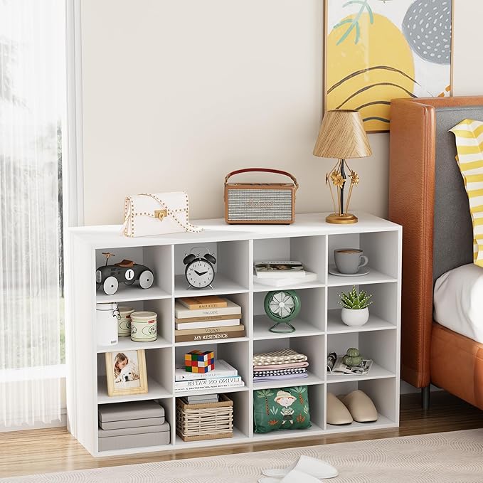 Garden 4 you Shoe Storage Bench, Cubby Shoe Rack with 16 Cubbies, 4-Tier Wood Shoe Rack Organizer, Shoe Organizer Cabinet for Entryway, Hallway, Closet and Garage, White-NeatNest