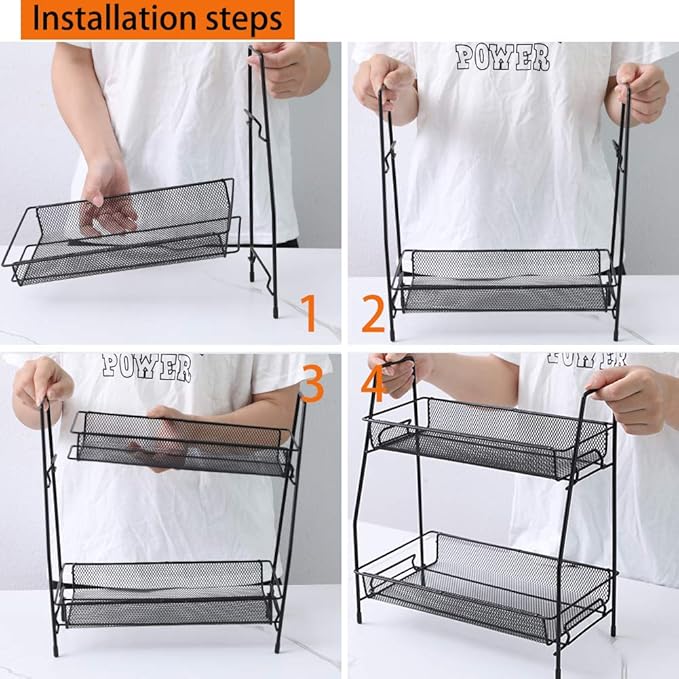 Metal 2 Tier Spice Storage Rack for Kitchen, Countertops, Cabinets, Organizer for Bathroom,Basket for Office and Home, Black
