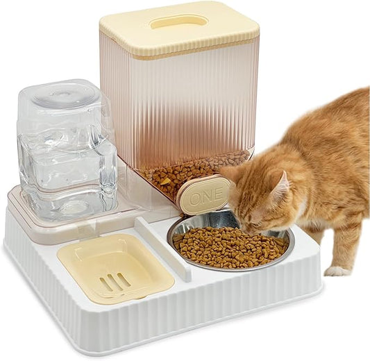 Fhiny Gravity Cat Feeder & Water Dispenser, 2 in 1 Automatic Puppy Waterer Removable Stainless Steel Food Bowls Set Self Feeding Pet Food Storage for Cat Kitten Puppy Easy Clean (Yellow)-NeatNest