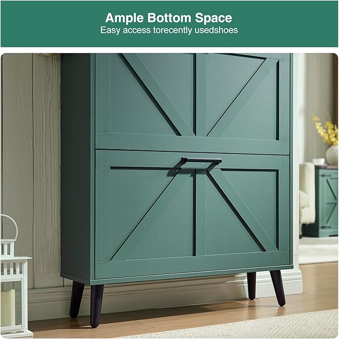 Shoe Storage Cabinet,Farmhouse Shoe Organizer with 2 Flip Drawers & Barn Door Design,Freestanding Hidden Slim Narrow Shoe Rack Cabinet with Open Storage for Entryway, Foyer,Hallway,Green-NeatNest