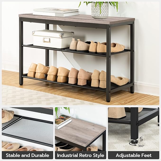 HOOBRO Shoe Bench, 3-Tier Shoe Rack, Industrial Shoe Organizer Storage Bench, 29.5 inches Entry Bench with Mesh Shelves, for Entryway, Living Room, Hallway, Easy Assembly, Greige BG75HX01-NeatNest